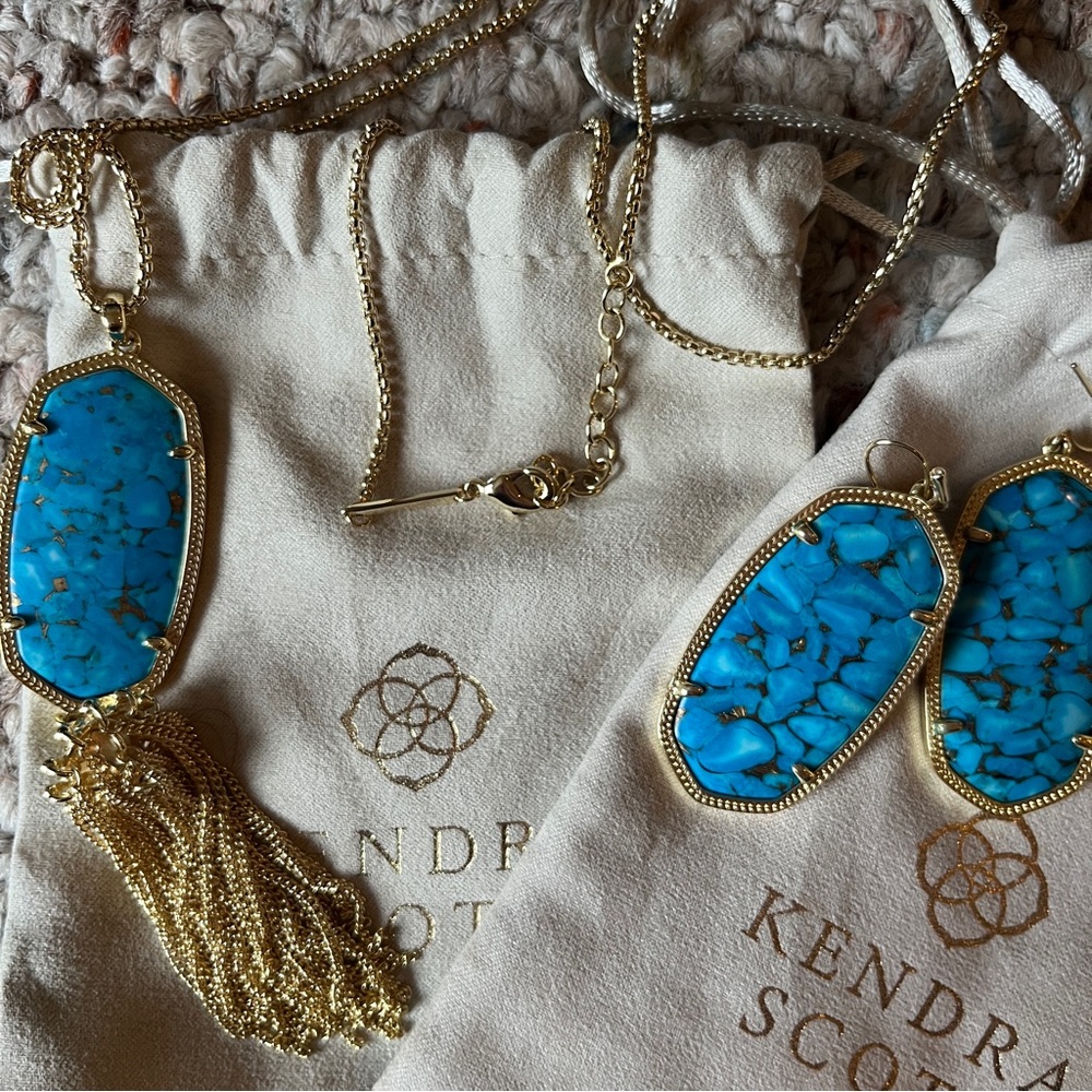 Kendra Scott Rayne Turquoise Golf Vein Tassel Pendant Necklace and Earrings set